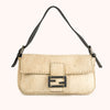 Fendi Baguette Selleria Beige Wolle / Schwarzes Leder